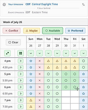 Color in each time slot: conflict, maybe, available, or preferred