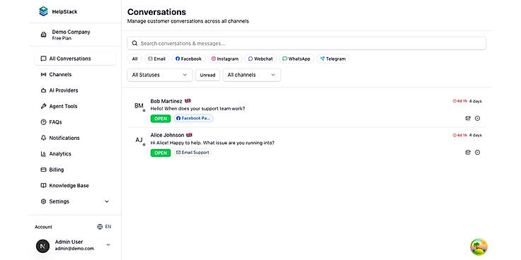 One inbox for email, chat, WhatsApp, Instagram and Messenger