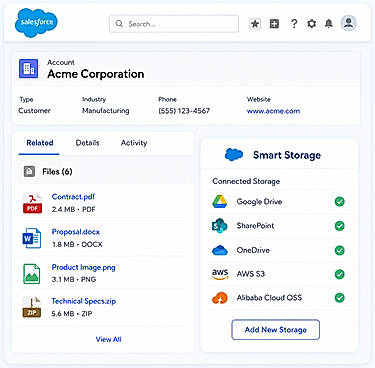 Smart Storage for Salesforce showing cloud file management with Google Drive, SharePoint, OneDrive, AWS S3, and Alibaba Cloud OSS