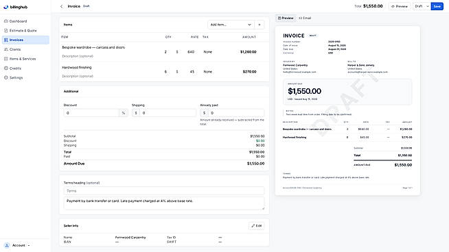Invoice editor with a live preview