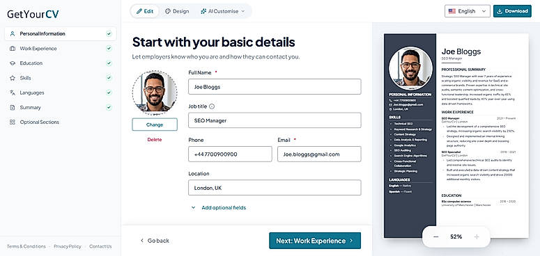 online resume builder UI