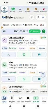 Call log with lead status and quick actions