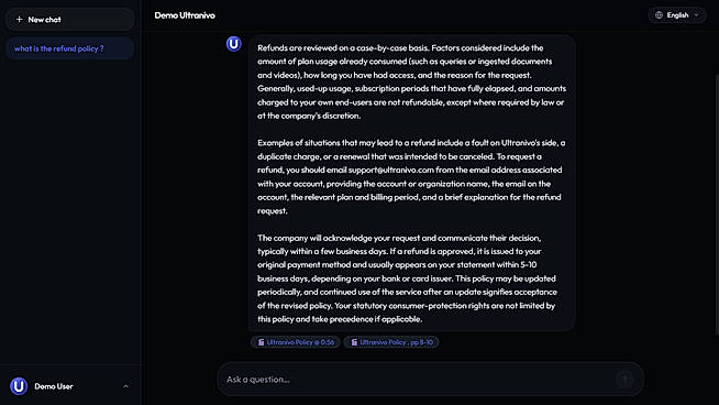 Every answer cites its source — the exact page of a document, or the exact moment in a video.