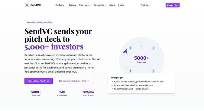 SendVC matches your pitch deck to 5,000+ verified investors