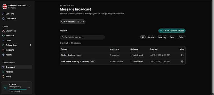 Message broadcast dashboard with a dark interface,