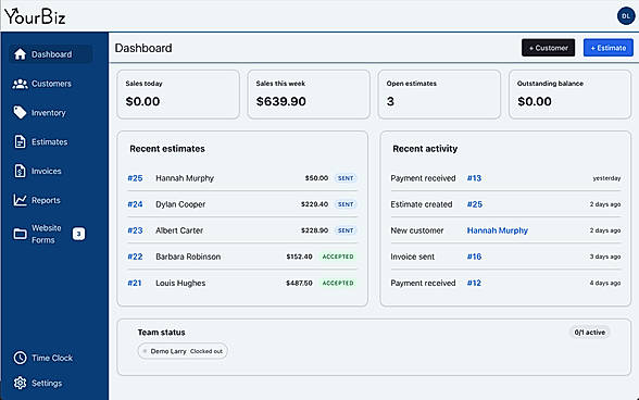 Monitor important repair shop information in one place, with quick access to sales, estimates, recent activity, and team status.