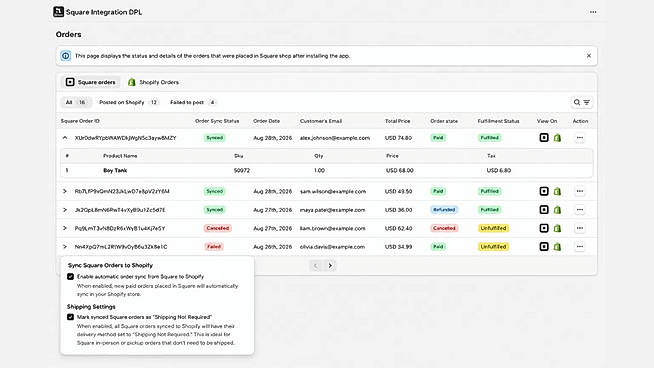 order management using Shopify Square integration DPL