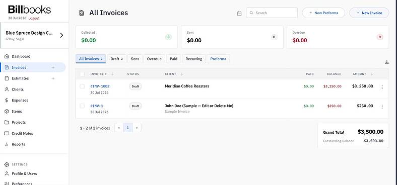 A clean invoice management dashboard displaying all invoices with status labels, client details, outstanding balances, payment amounts, and a summary panel for grand total and outstanding balance making statuses, balances, and totals easy to view.