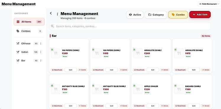 F&Bos Menu Management screen for Palki Restaurant showing 310 active menu items organized by categories (Chinese, Indian, Bar). Bar section displays alcoholic beverages with prices in rupees, product names, and action buttons (Deactivate, Edit, Delete) for each item.