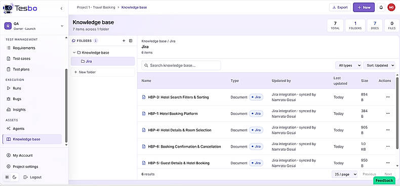 Knowledge Base + RAG: Store all your product docs in a structured, versioned knowledge base. Every file is vector-indexed using RAG, so when the engine drafts a test case, it pulls the exact section that applies not a keyword match, but the right context, retrieved precisely.