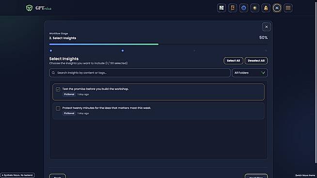 Creation Studio: selecting saved insights (illustrative demo)