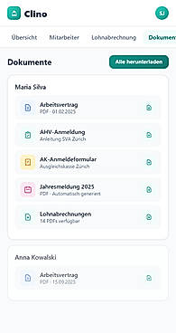 Contract, AHV registration guide and payslips per employee
