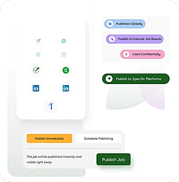 Post a job to LinkedIn, internal boards, and multiple external platforms in a single click. Choose to publish globally, keep listings internal and confidential, or target specific platforms — then go live immediately or schedule it for later.