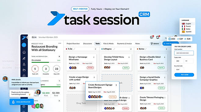 Task Session CRM: Kanban task board with drag and drop