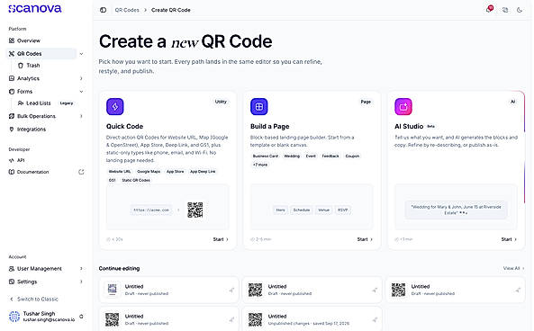 Create a QR Code three ways: Quick Code for direct links, Build a Page for a landing page, or AI Studio to generate one with AI.