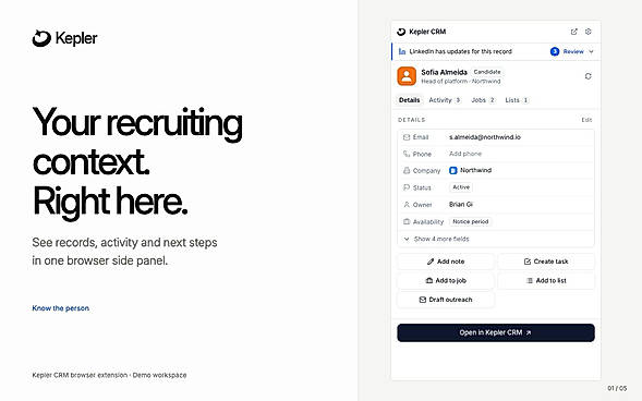 Kepler CRM browser extension — candidate record (demo workspace)