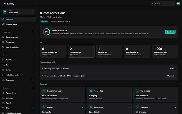 Dashboard: emails sent, replies and calls today