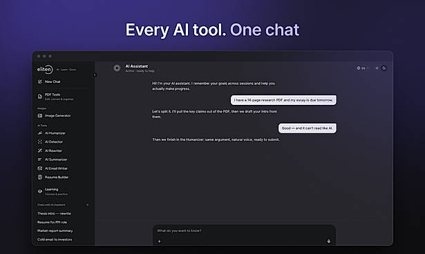 Eliten AI Assistant chat interface with sidebar showing all tools (PDF Tools, Image Generator, Humanizer, Detector, Rewriter, Summarizer, Email Writer, Resume Builder), demonstrating a conversation that moves from a PDF research task to essay writing to humanizing