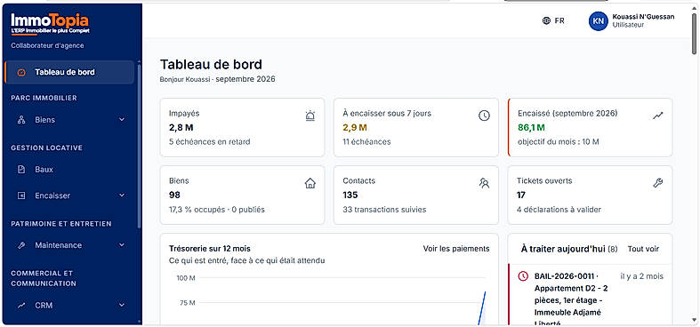 ImmoTopia dashboard – rent collection and property overview
