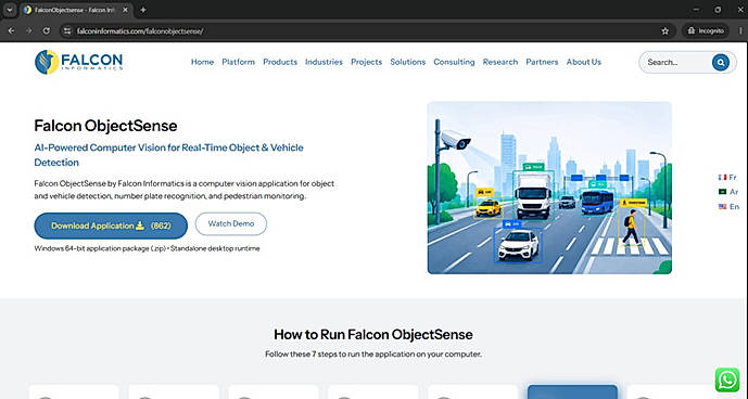 Falcon ObjectSense Landing Page  Falcon ObjectSense transforms live or recorded video into actionable intelligence using AI-powered computer vision. It detects and analyzes vehicles, people and objects while enabling automated number plate recognition, vehicle counting, monitoring and structured data generation.