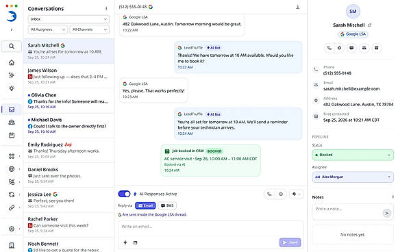Google LSA inbox demo — fictional contact details