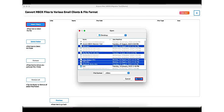Run Mac MBOX Converter Software. Click on the Select Files/Select Folder tab, and browse MBOX files from Finder.