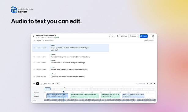 Edited transcript with automatic speaker separation and word-level timestamps. Clicking any word jumps the audio player to that moment.