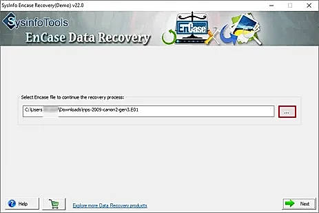 Launch EnCase Data Recovery software on your system. Select the EWF file from the system. Click Next to continue the process.