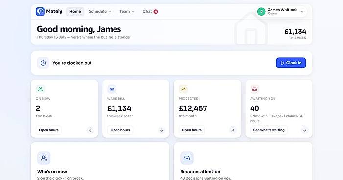 The Mately home dashboard, with today's wage bill and who's on now.