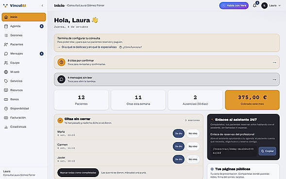 Home: today's sessions, open tasks and income this month
