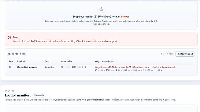 Manifest upload with dimension and unit check