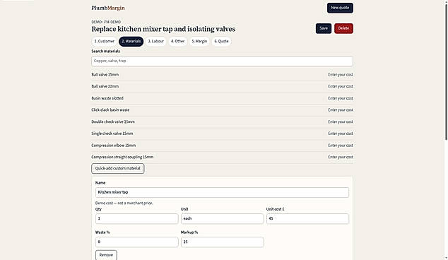 Quote costing: materials