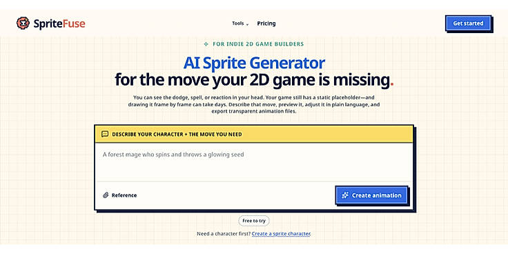 SpriteFuse character and animation prompt interface