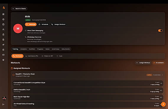 Coach web app: client profile with assigned workouts