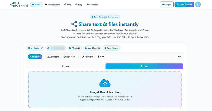 Share files between any devices in your browser