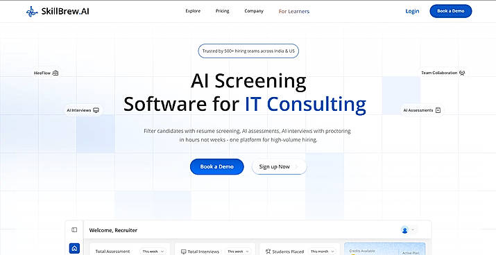 SkillBrew.AI is an AI-powered technical hiring and screening platform built for teams hiring at scale. It helps recruiters evaluate candidates before investing human time by automating candidate Screening.