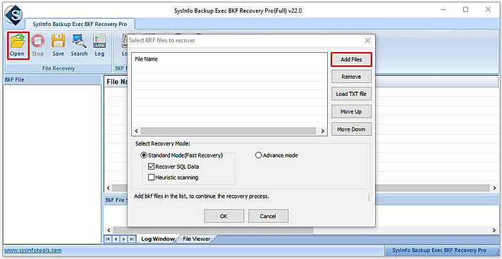 Step 1: Start the SysInfo Backup Exec BKF Repair Pro and click on Open and then on the Add Files button.