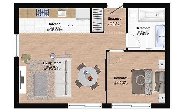 2D floor plan with furniture and dimensions
