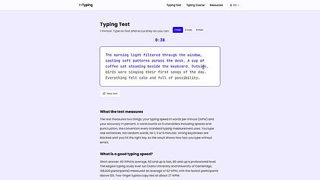 Free typing speed test with real sentences, measured in words per minute and accuracy.