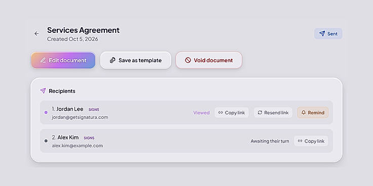 Track every signer: viewed, remind, resend, void