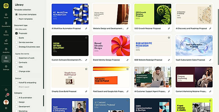 Propovo's document template gallery and filters.