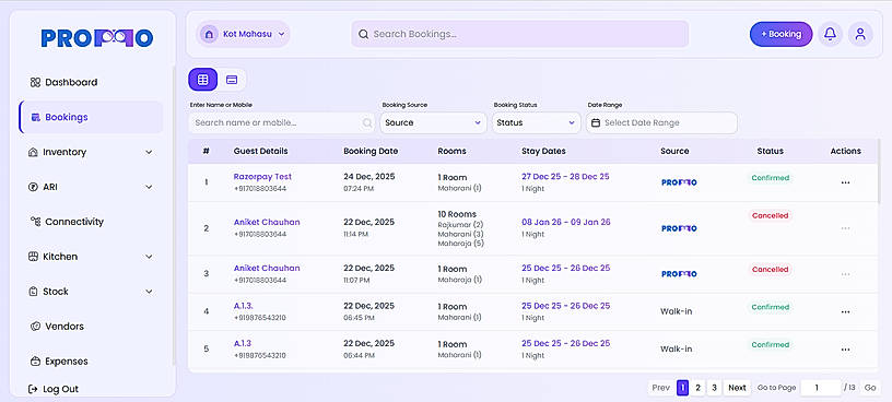 Bookings Page