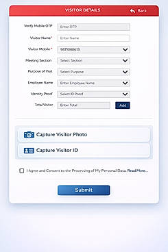 Digital Visitor Registration Form: Secure visitor entry form with OTP verification, photo capture, ID proof upload, meeting details, and consent confirmation for seamless check-in processing.