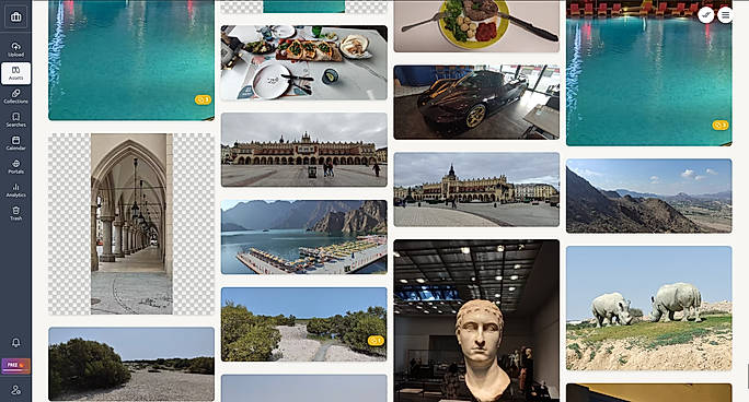 Masonry grid view with workspace navigation, comment indicators, and quick access to collections, portals, and analytics.