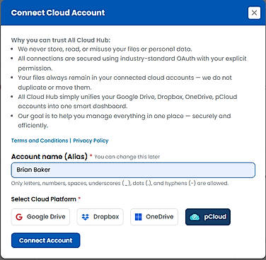 Account Alias field with Dropbox selected