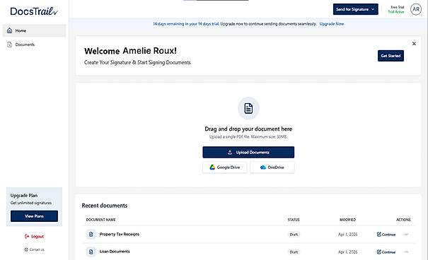 Docstrail Dashboard: Upload, Manage & Sign Documents Seamlessly