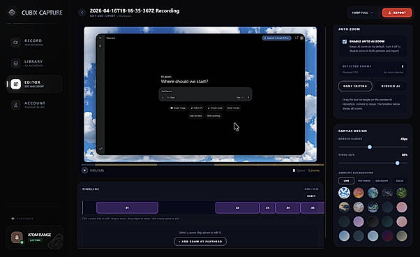 Cubix Capture: Video editor with timeline and canvas design settings