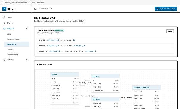 Beton explores your data warehouse and understands your data model