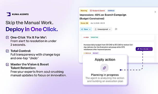 One-click fix recommendations: resolve issues directly in your ad platform, from alert to fix in under 60 seconds.
