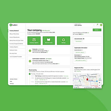 Everything you need to know about a company — accounts status, confirmation statement, shareholders, directors, registered office, recent activity — in one screen. That's the Kudocs company dashboard.